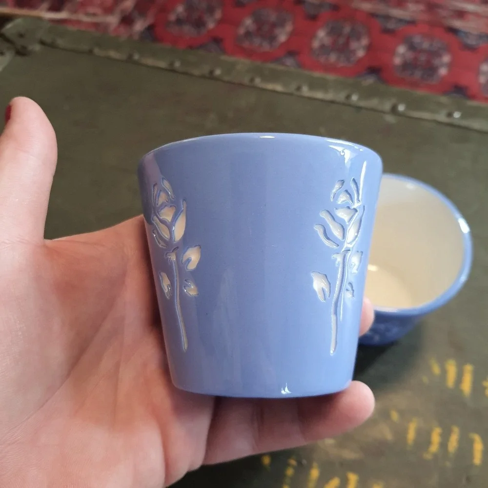 Vintage Cameoware Light Blue & White Floral Cups Planters Trinket Decor Pretty
